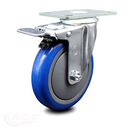 Service Caster 5 Inch Blue Polyurethane Wheel Swivel Top Plate Caster with Total Lock Brake SCC-TTL20S514-PPUB-BLUE